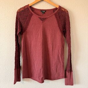 Lucky Brand Burgundy Red Boho Cotton Crochet Knit Long Sleeve Top Women's Medium